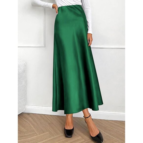 Elegant Satin Maxi Skirt for Women High Waisted Deep Green Silk Dressy Casul - Picture 7 of 7